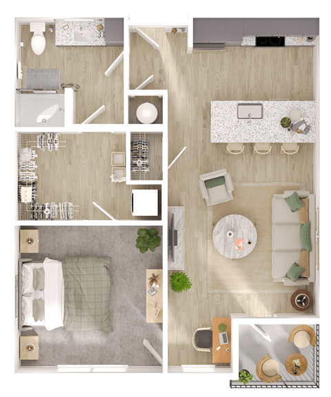 Floor plan for 1 bed, 1 bath, 751 sqft